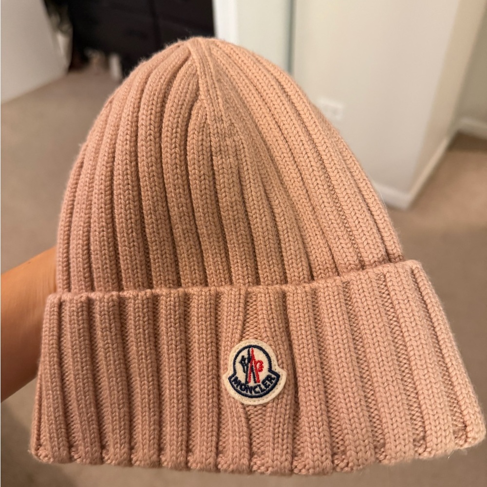 Moncler Blush Ribbed Knit Beanie